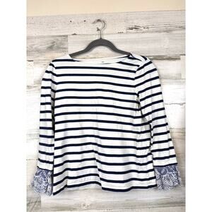 Talbots Womens S Petite Blue White Stripe Ruffle Lace Woven Cuff Casual Top